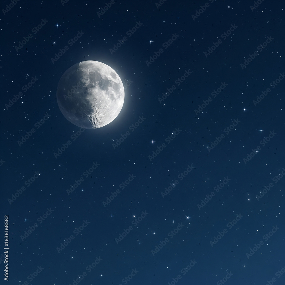 Naklejka premium Mystical Night Sky: Moonlit Cosmos with Stars and Celestial Planets in Tranquil Twilight