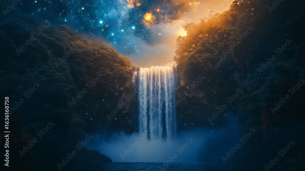 Fototapeta premium A waterfall cascades down rocky cliffs into a tranquil pool under a starry sky.