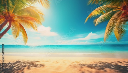 summers paradise a blurred background of a beautiful sandy beach with palm trees and a blue sky a perfect summer vacation concept banner