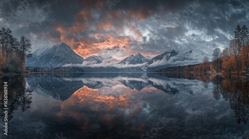A serene lake reflecting a dramatic sunrise over snow-capped mountains.