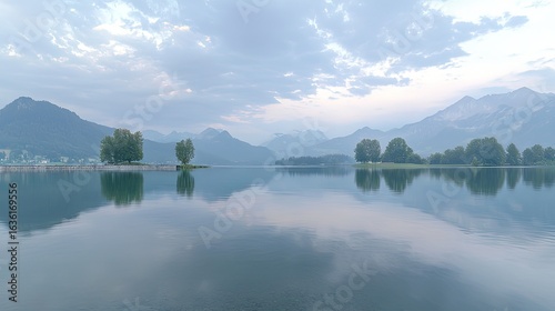 Tranquil lake scene with mirrored reflections of trees and mountains.