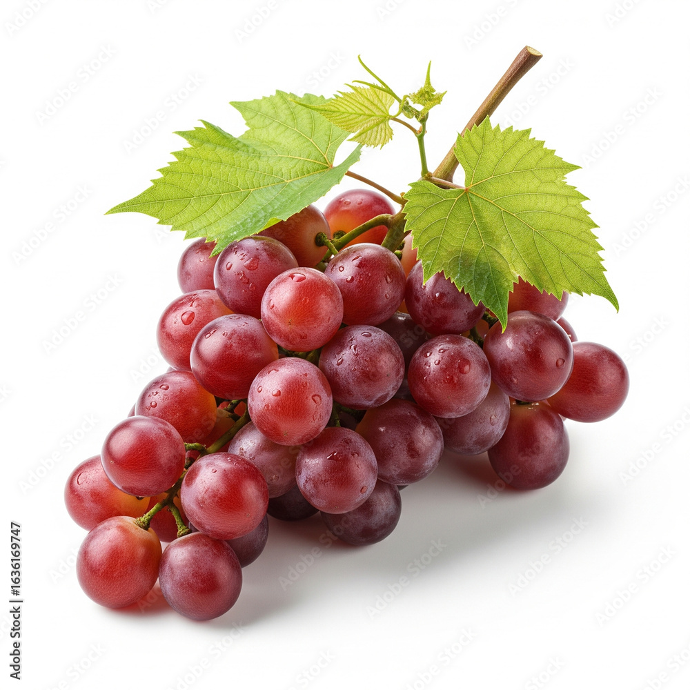 Fototapeta premium A lush cluster of fresh, plump red grapes, still attached to its woody stem and adorned with a few vibrant green leaves copy