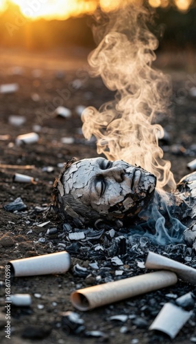 Smoldering ashes and charred remains of Ravana’s effigy evoke a powerful moment of cultural symbolism. Ideal for Dussehra campaigns, spiritual reflections, and heritage-focused branding.