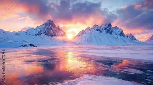 A breathtaking winter sunrise over a frozen lake and snow-capped mountains.