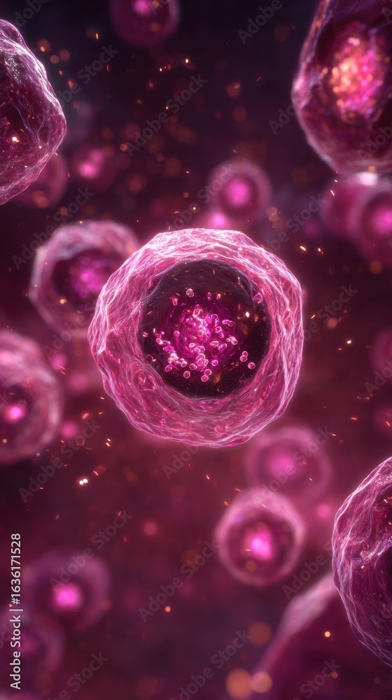 Fototapeta premium Scientific microscopic image illustrating programmed cell death in tissue capturing nucleus fragmentation and cell shrinkage with pinkstained nuclear particles.