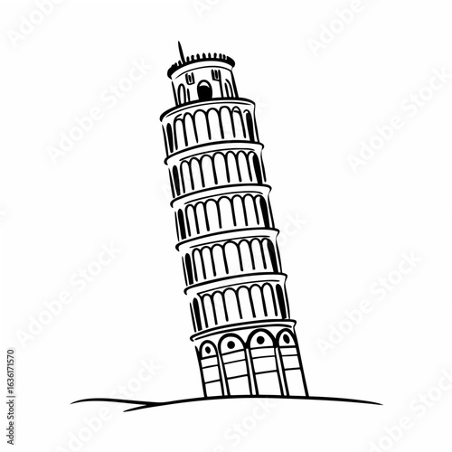 Black and white illustration of the Leaning Tower of Pisa on a white background Italy landmark