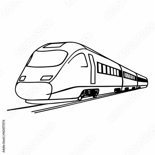 Black and white line drawing of a high speed train on a white background bullet train transportation