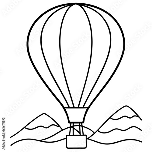 Black and white outline of a hot air balloon floating over rolling hills simple minimalist