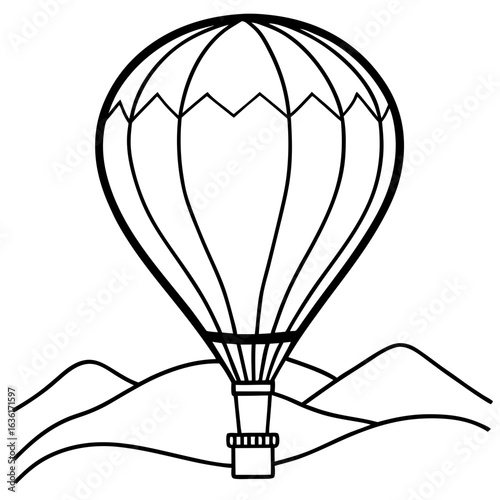 Black and white outline of a hot air balloon floating over rolling hills isolated travel