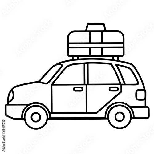 Black outline drawing of a station wagon with luggage on a white background automobile vehicle