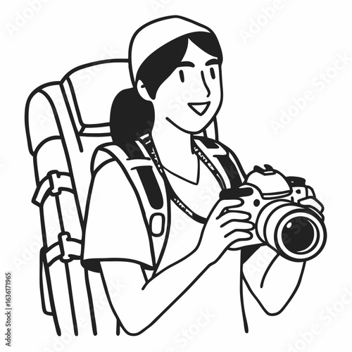 Cartoon woman with backpack holding a camera on a white background travel photography