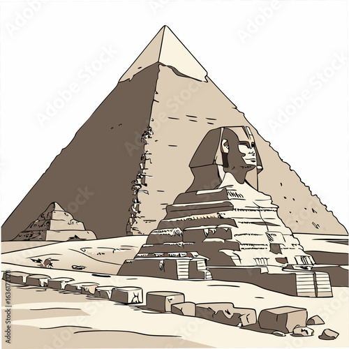 Egyptian Sphinx and Pyramid with Scattered Stones on a White Background ancient landmark