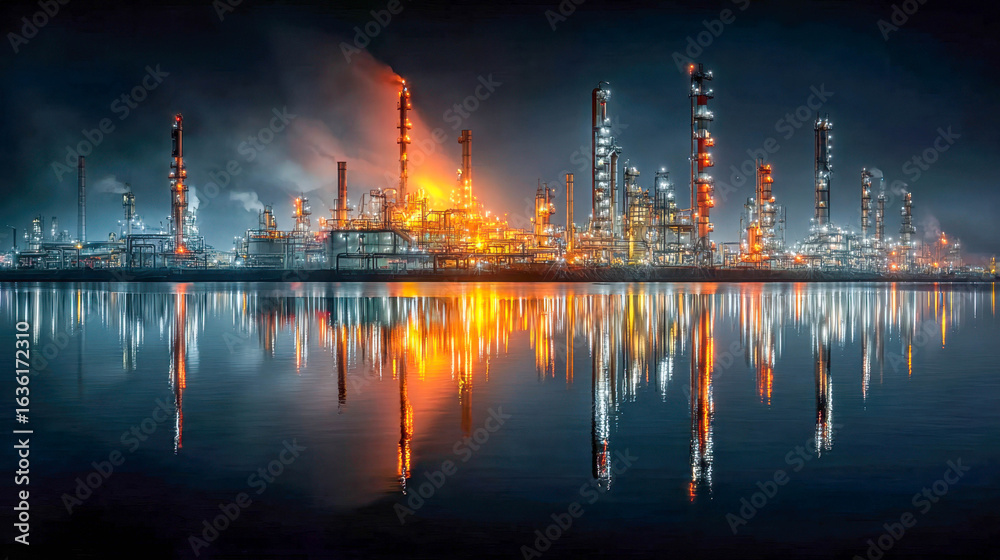 Fototapeta premium Illuminated oil refinery and petrochemical plant at night with reflections on water, glowing in orange and blue tones