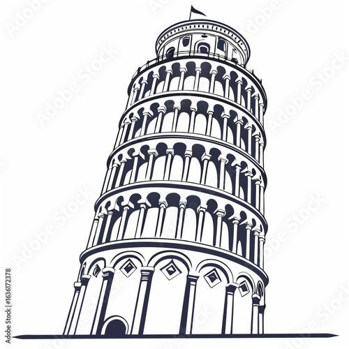 Leaning Tower of Pisa illustration with dark blue outline on a white background Italy landmark