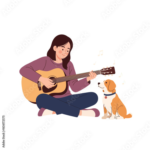 Woman Playing Guitar to a Dog A Cute Illustration