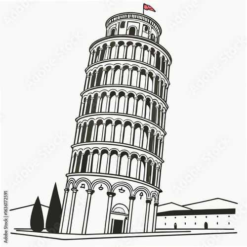 Leaning Tower of Pisa with a red flag on a white background Italy landmark