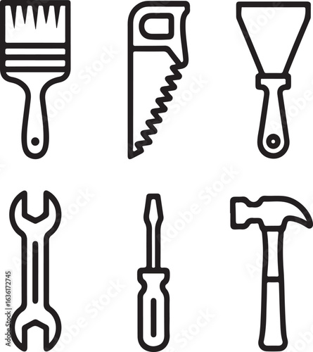 Paintbrush saw putty knife wrench screwdriver hammer vector