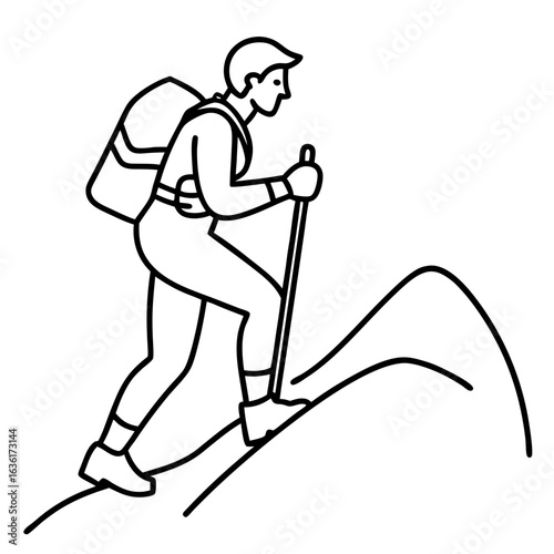Line art illustration of a hiker with a backpack climbing a hill using a pole mountain trekking