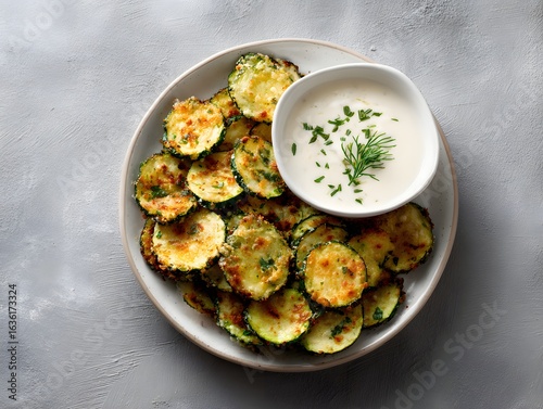 Baked Zucchini Chips with Dip Ceramic Bowl Top View