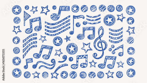 Collection of stylized blue music notes stars and circles with a textured vintage appearance effect 100 chars