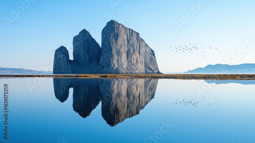 Majestic rock formations reflected in a tranquil lake.