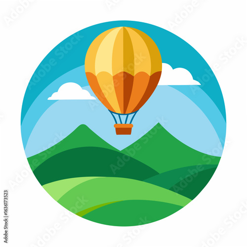 Orange hot air balloon floats above green rolling hills under a blue sky with clouds airship travel