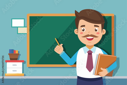Enthusiastic Teacher Presenting a Lesson with Chalkboard and Book An Engaging Cartoon Illustration for Educational Material