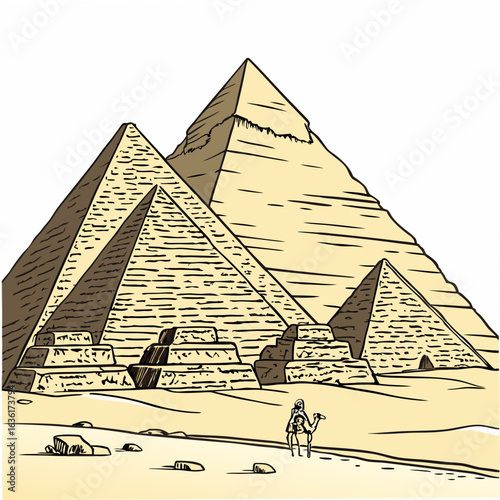 Stylized illustration of Egyptian pyramids with a camel rider on a white background Giza desert