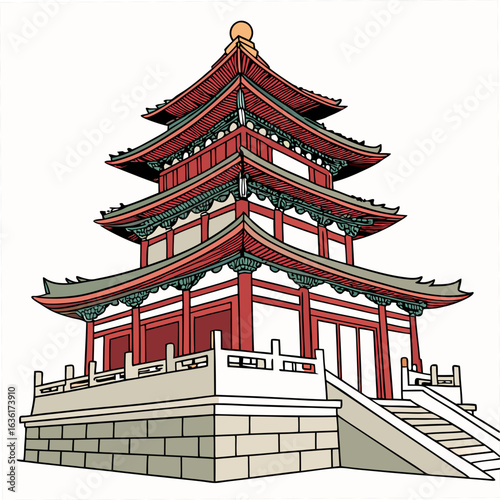 Traditional Asian Pagoda Building with Red and Green Tiers on a White Background architecture