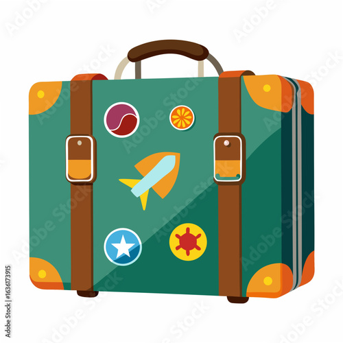 Teal vintage suitcase with colorful travel stickers and brown handle on white background luggage retro