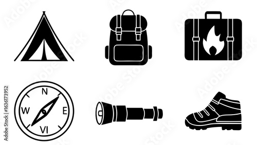 Camping and adventure equipment icons set