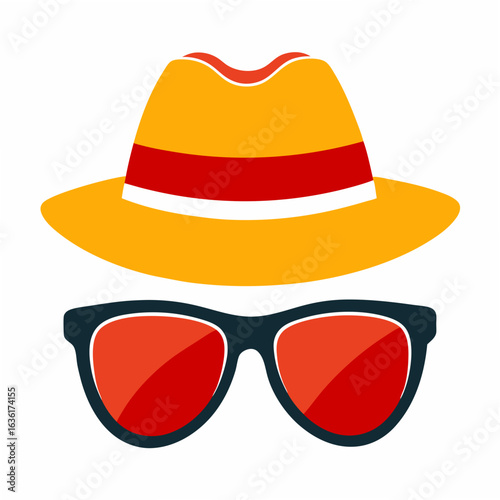 Yellow fedora hat and red sunglasses on a white background eyewear accessories