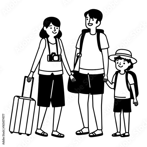A family of three a mother father and child holding hands with luggage and backpacks ready for vacation