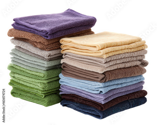 Stack of microfiber cloths in assorted colors including purple brown yellow green blue and gray neatly folded and arranged suitable for cleaning household or automotive use