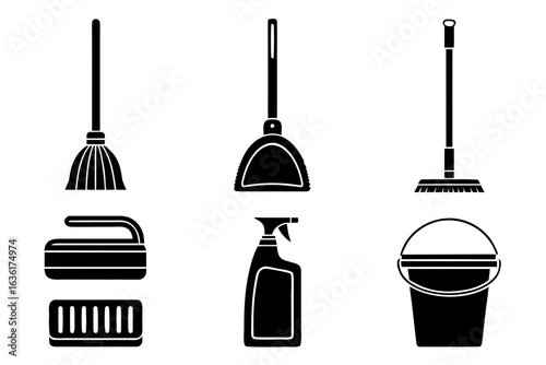 Collection of black silhouettes of cleaning tools and supplies