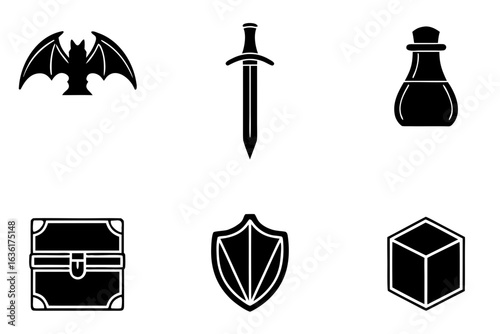Fantasy game icons set featuring bat sword potion chest shield and cube