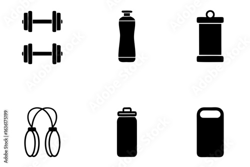 Fitness equipment icons set dumbbells water bottles jump rope