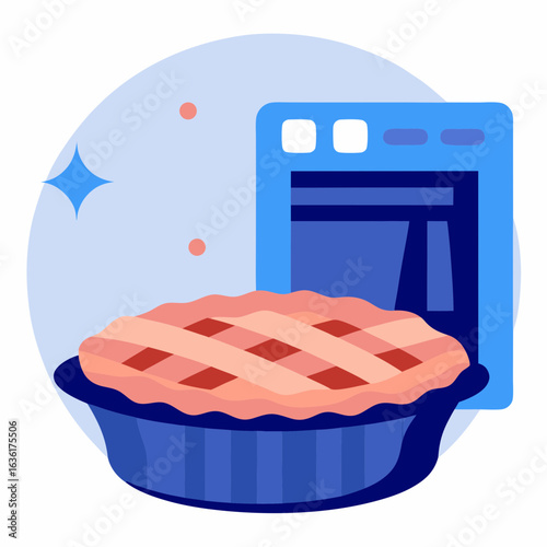 Lattice crust apple pie in blue dish next to oven  