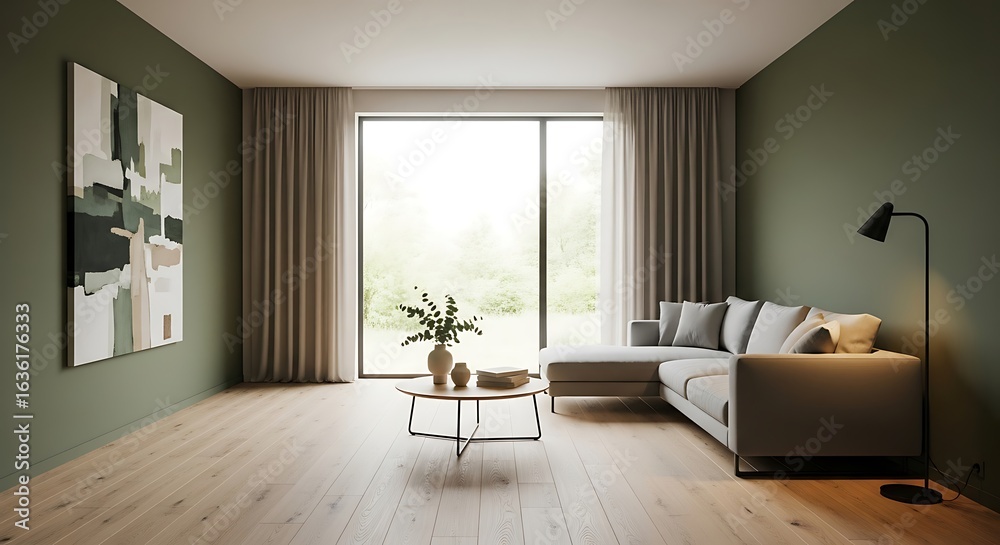 Fototapeta premium Minimalist living room interior with olive green walls, light wood floors and modern decor