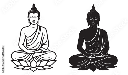 Buddha Meditation Silhouette Lotus Pose Spiritual Line Art Illustration