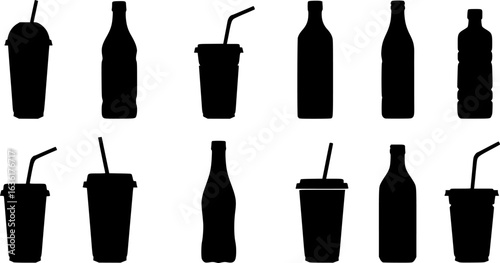 a stark black and white vector silhouette composition featuring a diverse array of drink containers