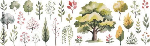 Botanical tree collection, nature illustration, decorative plants, colorful foliage, seasonal leaves, landscape elements, eco friendly design, garden greenery, natural environment, forest art