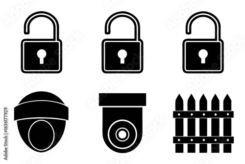 Security icons set featuring open locks surveillance cameras and fence