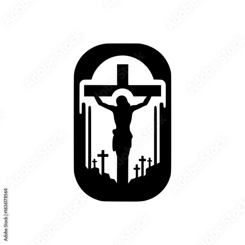 Crucifixion silhouette: This is a powerful image of silhouette showing the Crucifixion scene, the body of the Christ figure is hanging on the cross with several smaller crosses in the background.