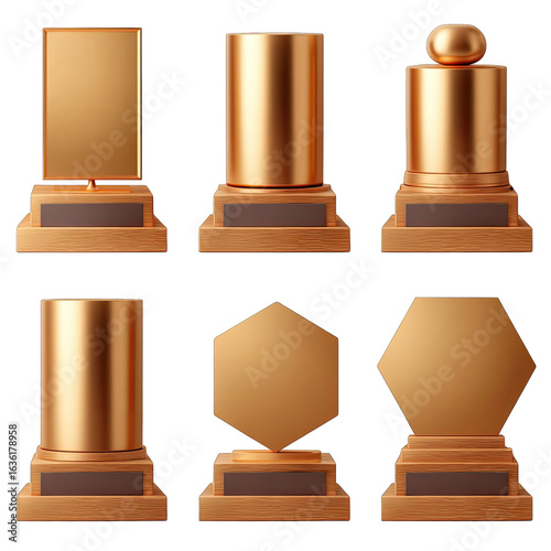 Six golden award trophies on dark wooden bases, various shapes