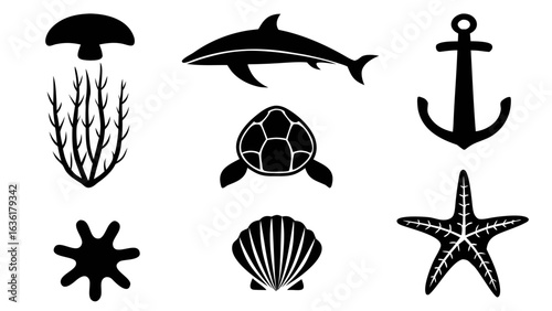 Collection of black and white marine life and nautical icons