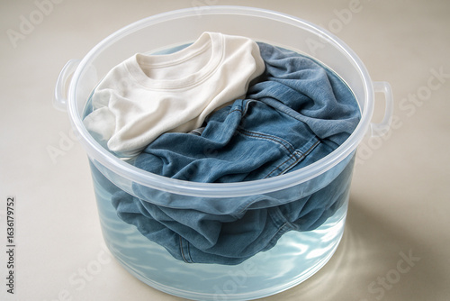 Laundry day. White and blue clothes soaking in a bucket of clear water.