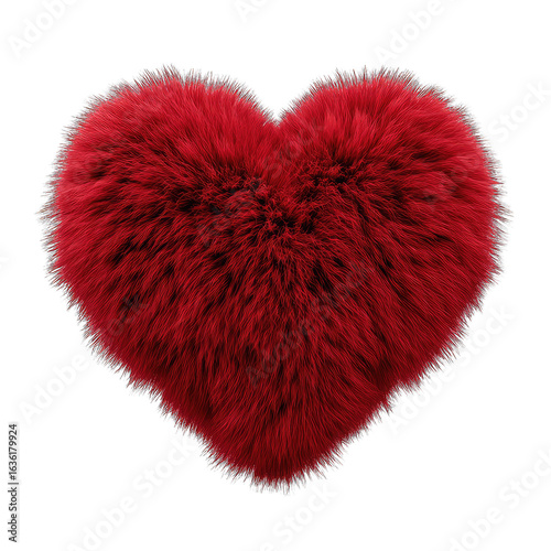 A fluffy, deep red heart-shaped cushion.  Soft, plush fur texture.  Isolated on black background