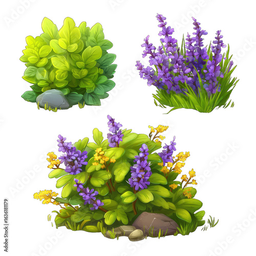 Three stylized, detailed plant illustrations.  Green, yellow, and purple flowers and foliage, arranged in a grid pattern against a black background.  