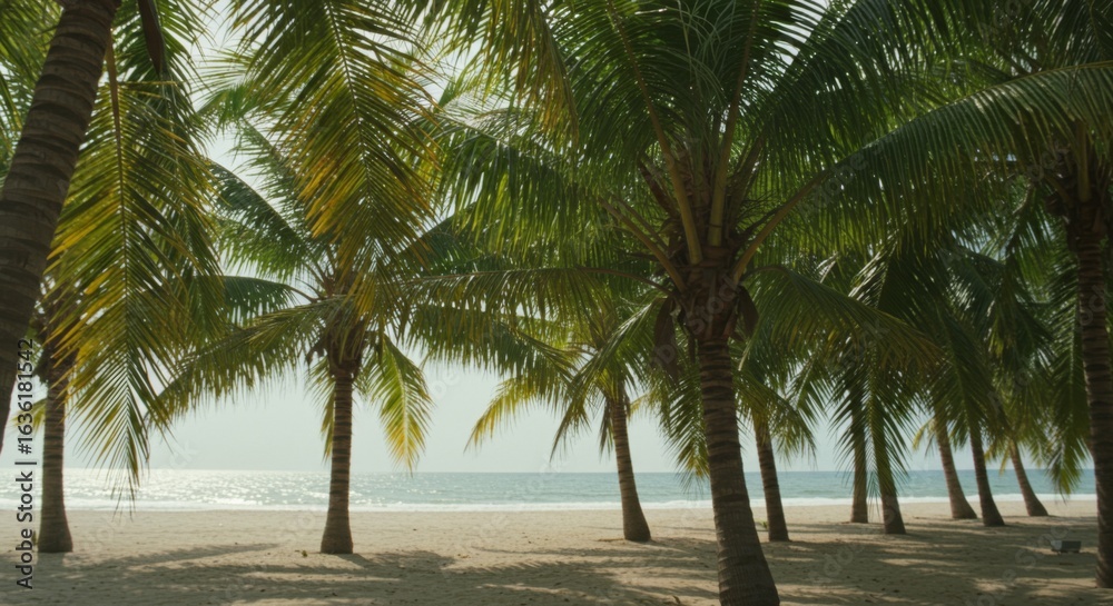 Obraz premium Lush Palm Trees Frame Sunny Tropical Beach Scene